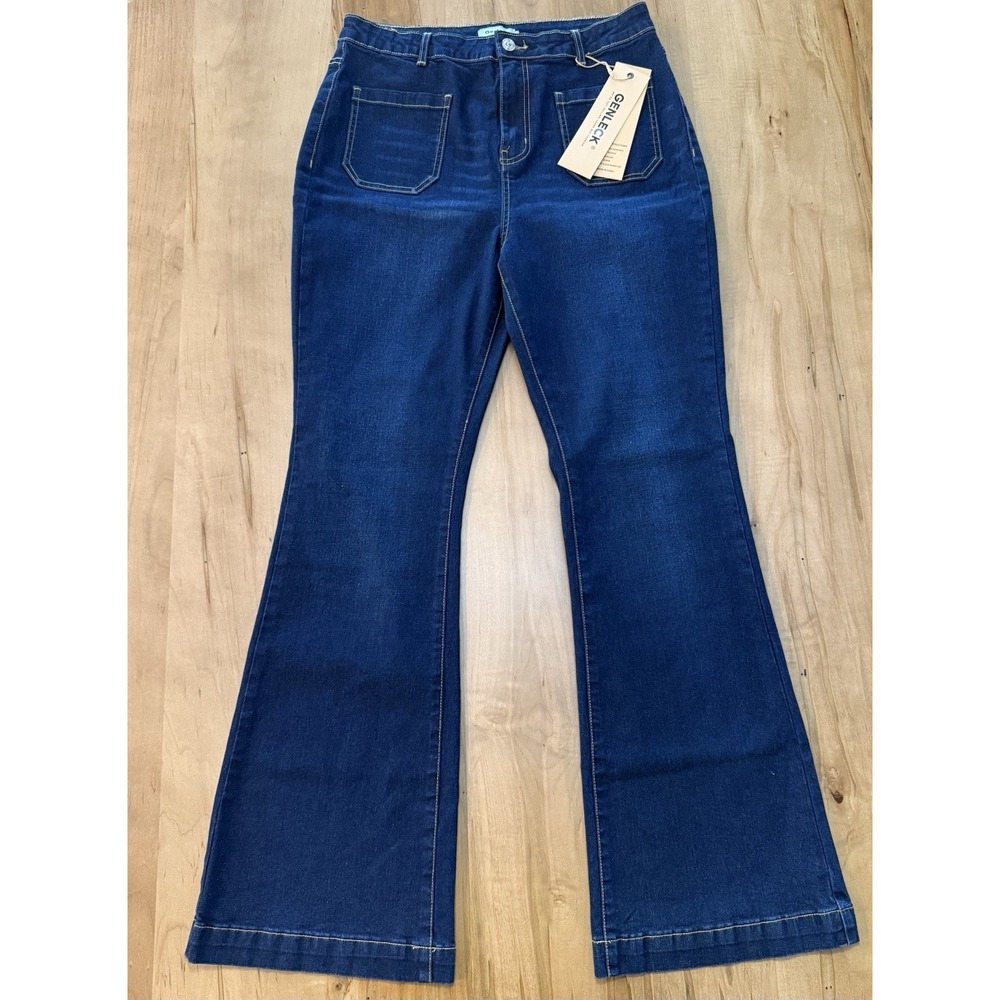 NWT Genleck‎ Dark Wash High Waisted Flare Jeans With Front Patch Pocket Pockets